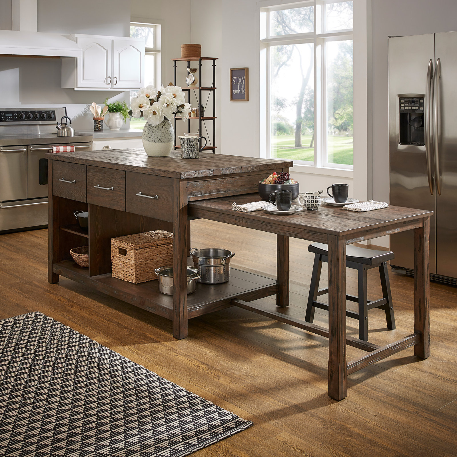 Tinka 3-Drawer Rectangle Pine Kitchen Island , Carbonized Pine, Brown