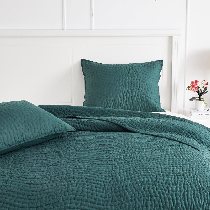 Cotton Wave Hand Stitch Voile Quilt Set, Green, Twin Quilt + 1 Standard Sham