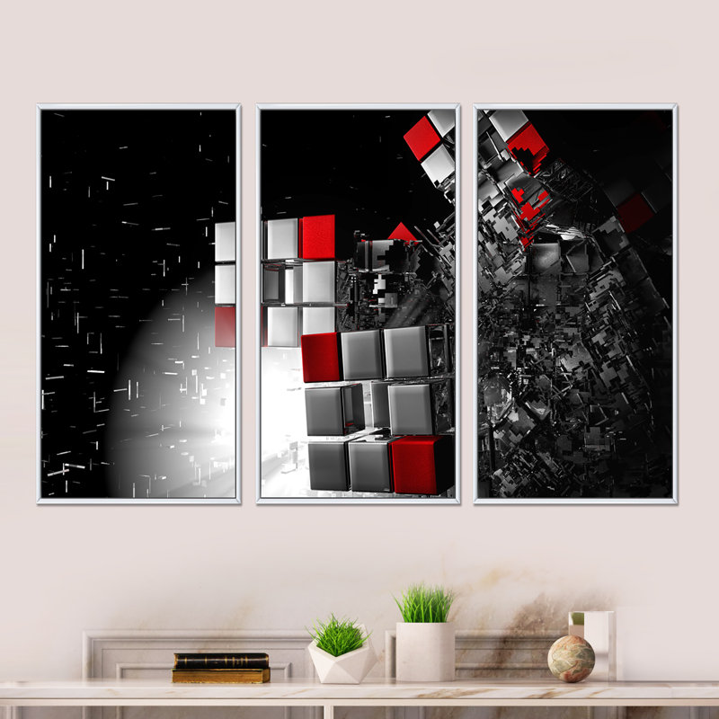 «Fractal 3D Red White Cubes», ensemble de 3 toiles abstraites encadrées, H 32 po x l 48 po x P 1 po, Blanc
