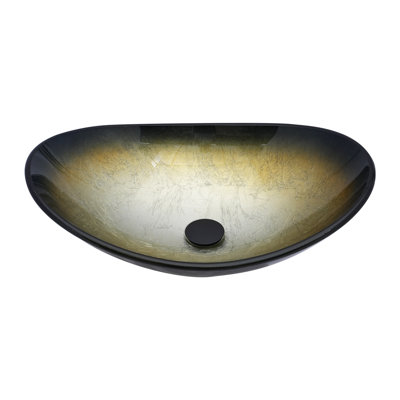 Lavabo de salle de bain vasque en verre trempé en forme de bateau en noir et or avec bonde escamotable