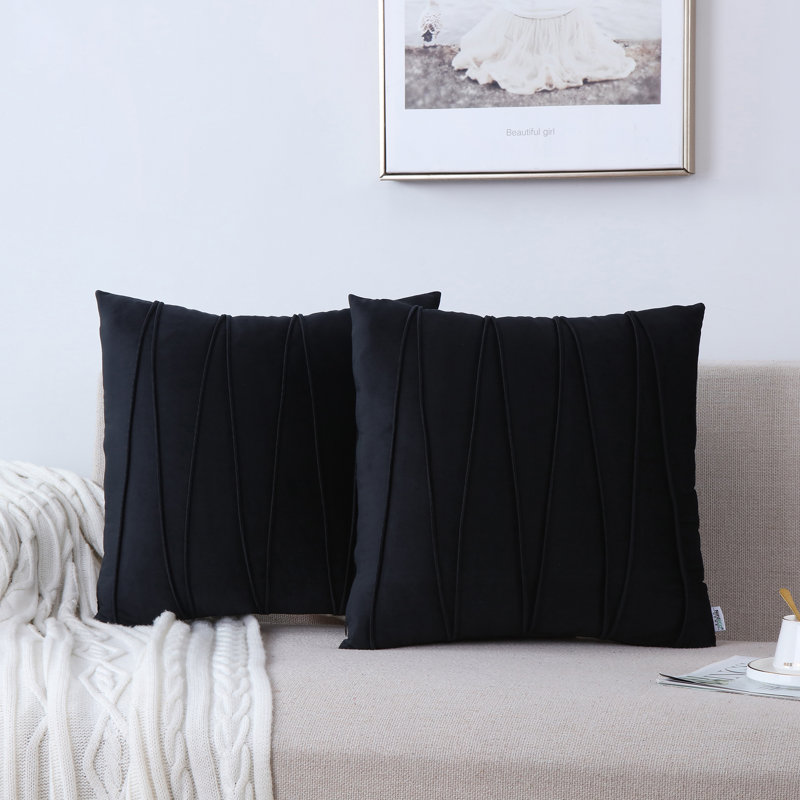 Housse de coussin plissée carrée en velours de polyester, H 18 po x l 18 po, Noir