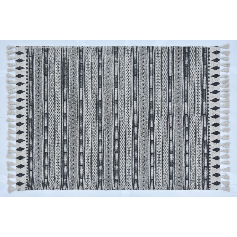 Tapis gris à motif géométrique tissé à plat à la main, Rectangle 5 pi x 8 pi