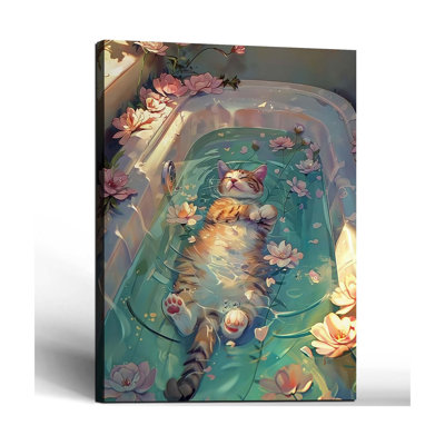 Encadré Drôle de salle de bain Chat Toile Murale, Art Décoratif Reproduction D'art De Chat Chat Image Mignon Style Convient Pour La Salle De Bain Salon Home Gallery Décoration 16X24 Pouces Prêt à accrocher