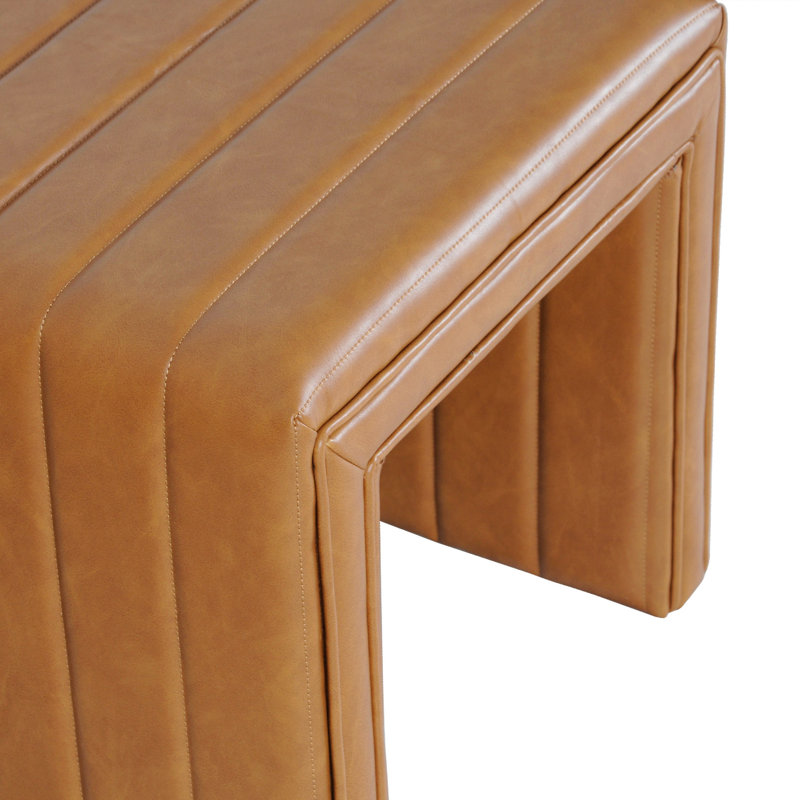 Footstool Ottoman, Channel Tuft Caramel Faux Leather 19 Inch, Caramel