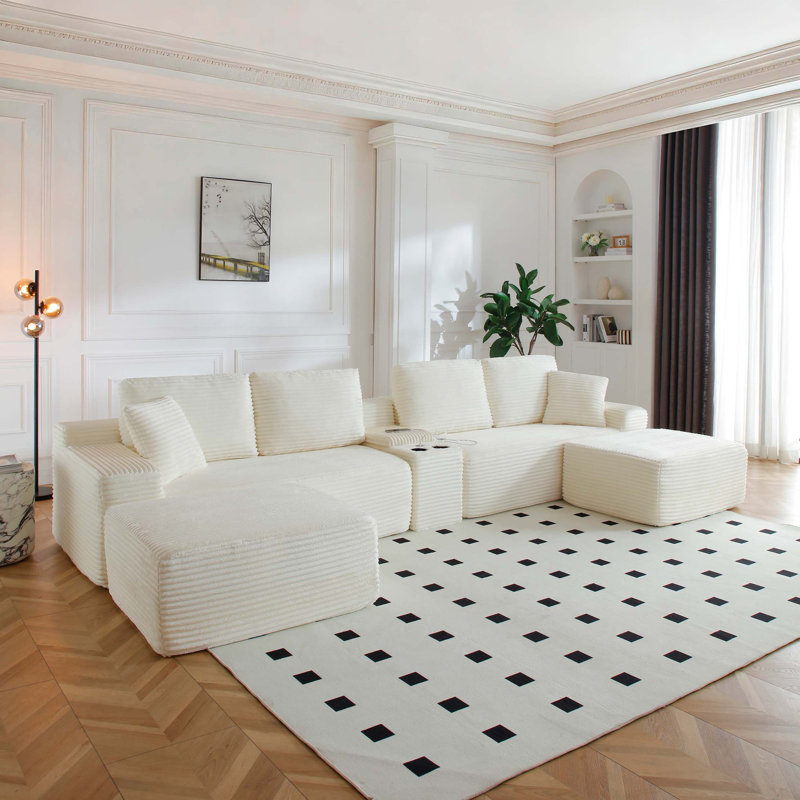 Canapé modulaire de 125 po avec deux repose-pieds, canapé Cloud avec siège profond, canapé avec porte-gobelets et ports USB, canapé rembourré en velours côtelé pour le salon,