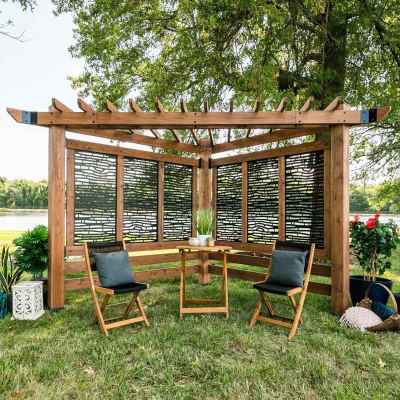 Backyard Discovery Verona 12' x 8' Cedar Wood Outdoor Cabana Corner Pergola with Privacy Panels