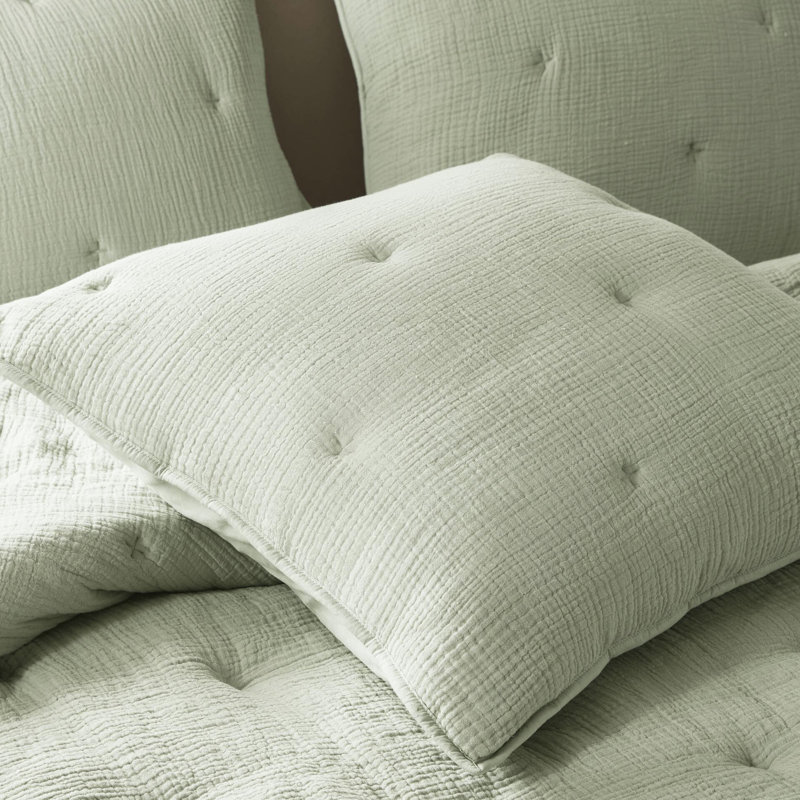 Courtepointe très grand en coton de taille sauge très doux avec texture froissée, respirante pour une utilisation toute l'année, motif brodé et gaze de sauge standard de 100, légère et confortable, confort toutes saisons, attelage