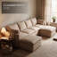 Canapé d'angle 4 places en lin kaki avec 2 poufs, canapé modulaire rembourré
