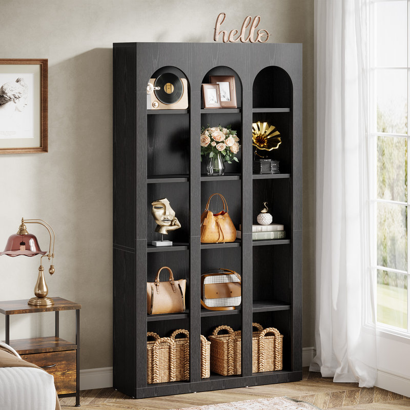 5-Tier 39.37" W X 70.87" H Modern Black Wood Farmhouse Home Office Tall Bookshelf Bookcase Open Large Storage, Black