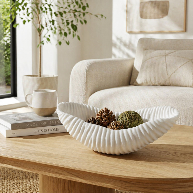 Bol décoratif long à nervures ovales pour la décoration intérieure - bol texturé moderne pour le style de la salle à manger, le décor du salon ou la console - blanc