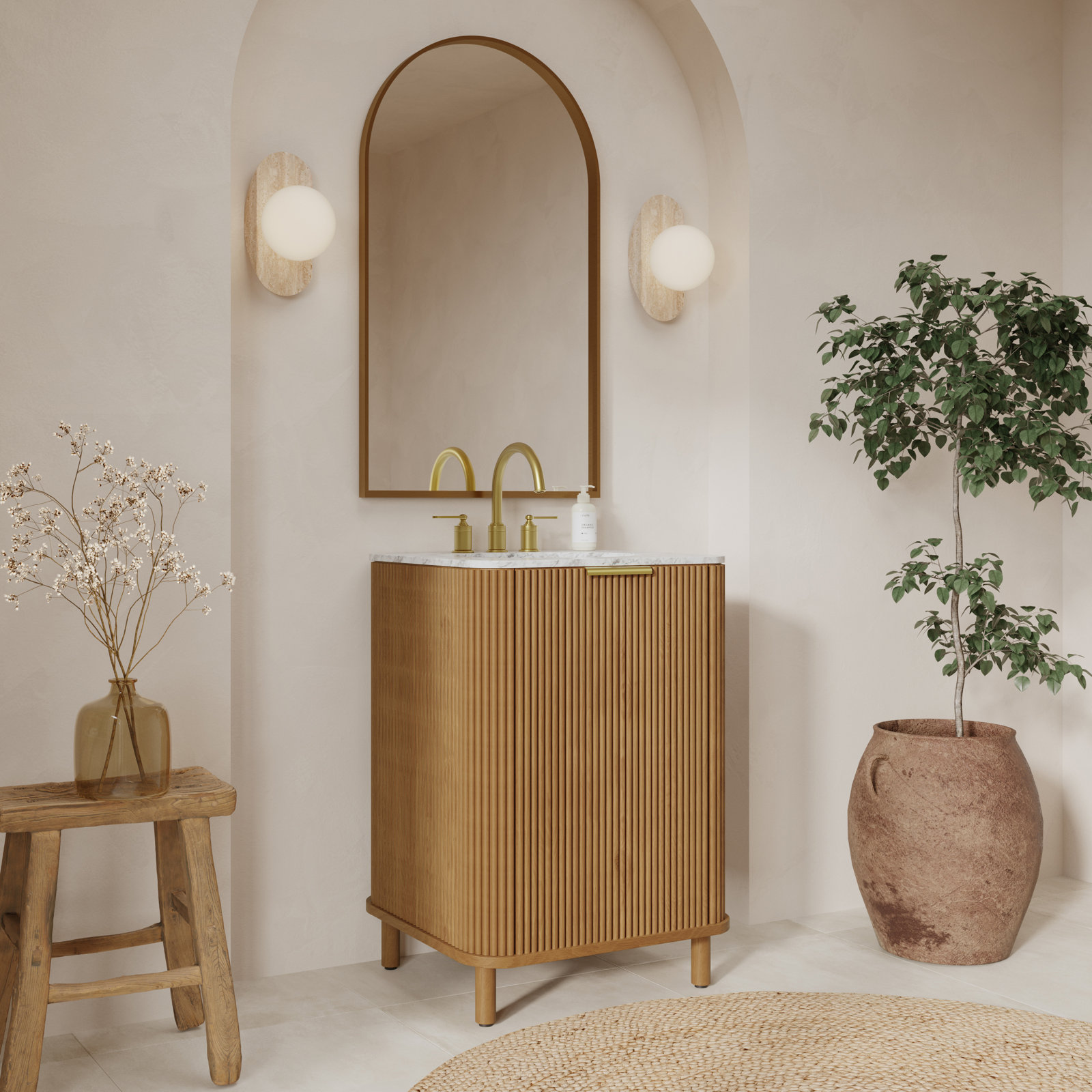 Nova 24" Marble Top Single Bathroom Vanity, Reeded Birch