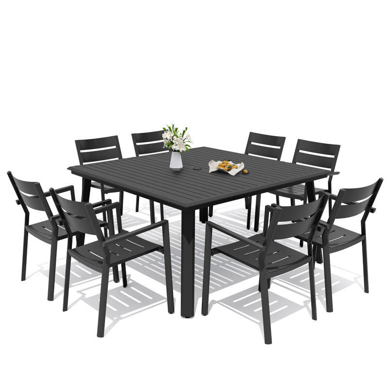 Ensemble repas d'extérieur carré en aluminium pour 8 personnes avec fauteuils empilables