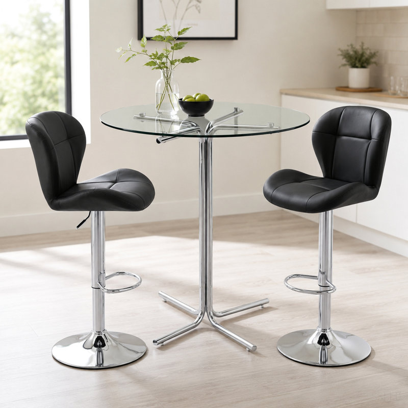 Round Tempered Glass Bar Table Set with 2 Adjustable Height Swivel Bar Stools, Modern Counter Height Bistro Table with Black Padded Bar Chairs or Kitchen, Breakfast Nook, Home Bar