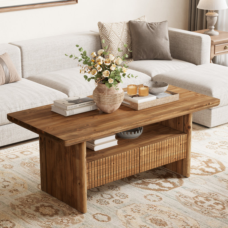 Solid Wood Coffee Table with 2 Drawers, 47.24" 2-Tier Rustic Center Tea Table for Living Room