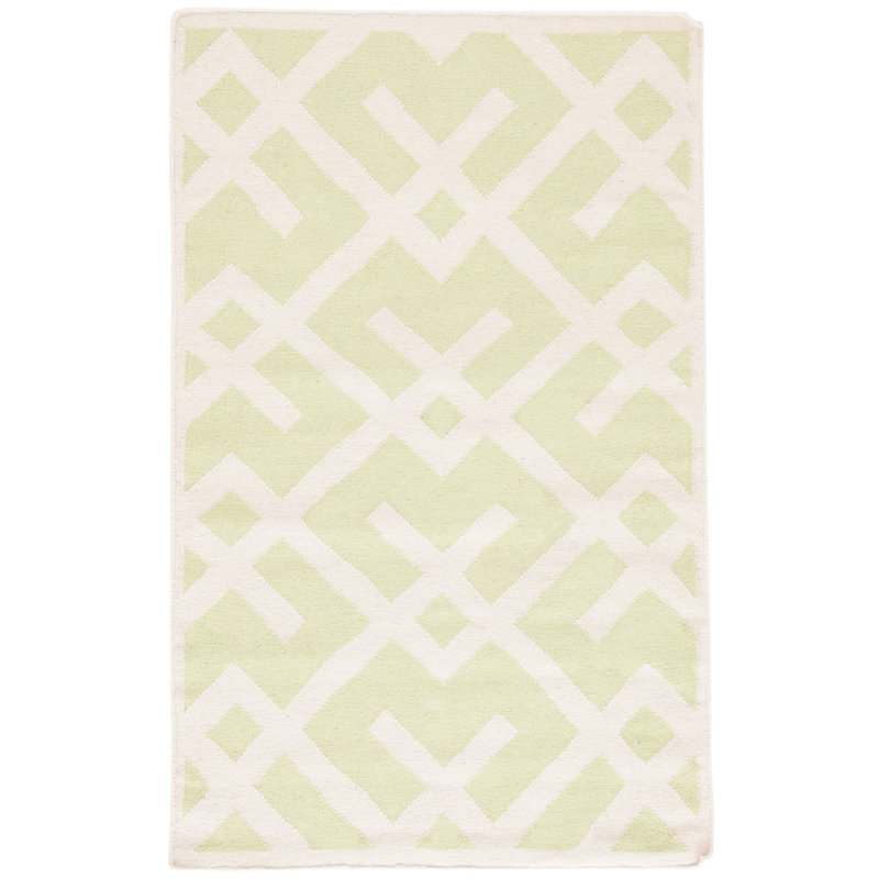 Crawford Hand Woven Flat Weave Wool/Cotton Geometric Rug in Ivory/Light green, Rectangle 3' x 5'