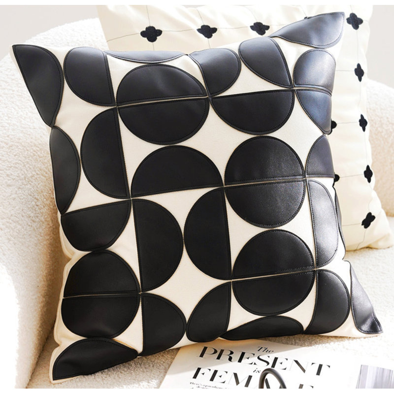 Geometric Faux Leather Cushion Cover, Black