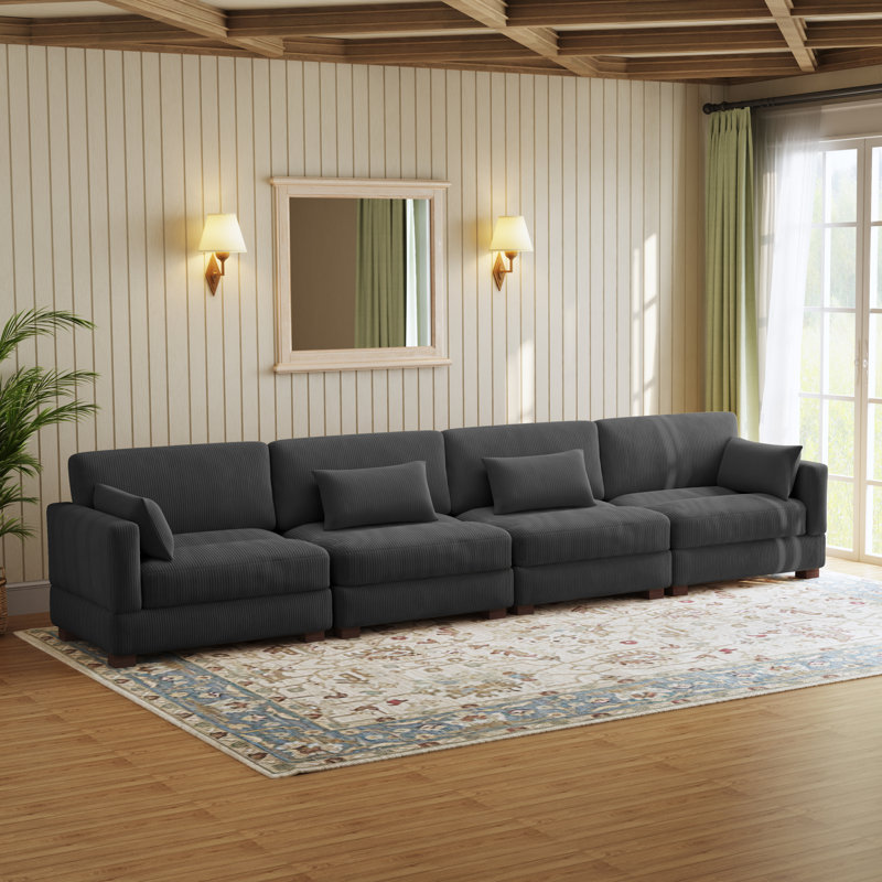 Maelina 4 - Piece Upholstered Gray Corduroy Modular Sectional Sofa with Pillow Back and Solid Wood Legs, Gray Corduroy