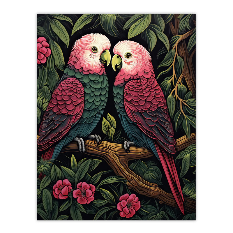 Wall Art Print Pair of Parrots on a Blooming Tree Vintage Painting Pink Lush Jungle Birds Portrait Poster