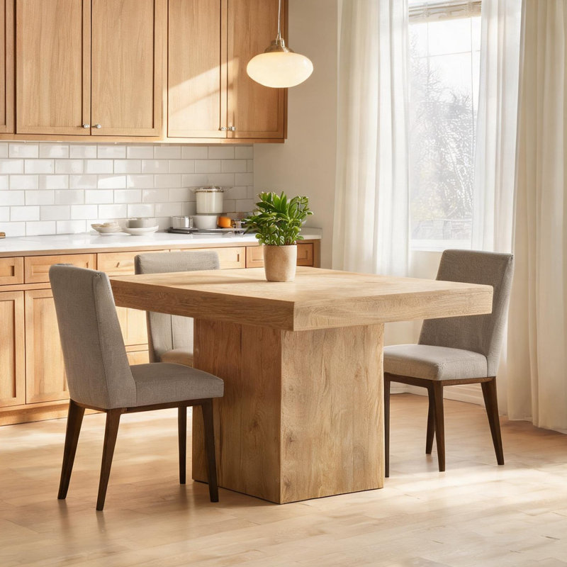 Table de salle à manger carrée en bois naturel avec pied central, 4 couverts, 99 cm (39 pouces) pour coins repas et cafés