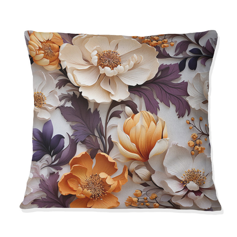 Coussin décoratif à imprimé floral beige et mauve, H 18 po x l 18 po