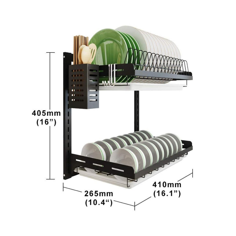 Wall Mount Kitchen Dish Rack, Hanging Silverware Dish Drying Rack Organizer Storage Shelf Over The Sink, 2 Tier Black