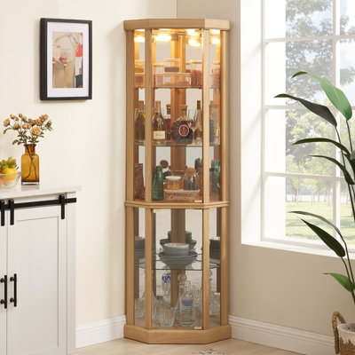 Armoire vitrée de salon avec lumières - 16,7 po de largeur, chêne, panneaux arrière brillants élégants avec finition en chêne, tablettes réglables, hauteur de 70,37 po
