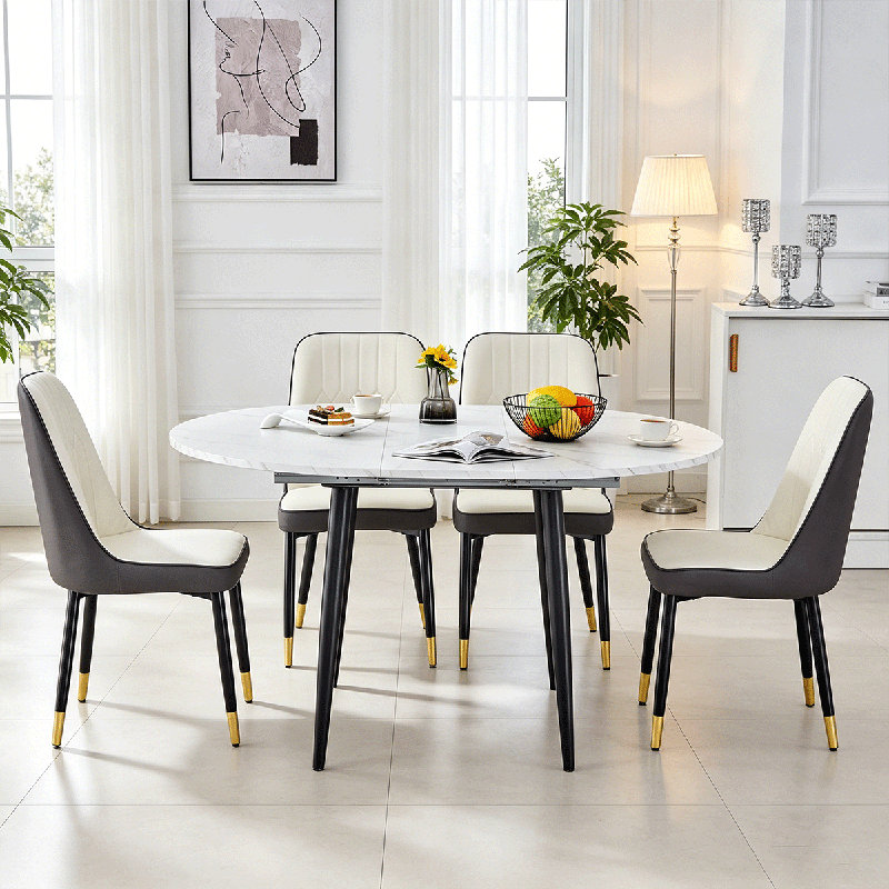 Table de salle à manger Domogne, Ensemble de cinq pièces : table, quatre chaises, Blanc / Gris