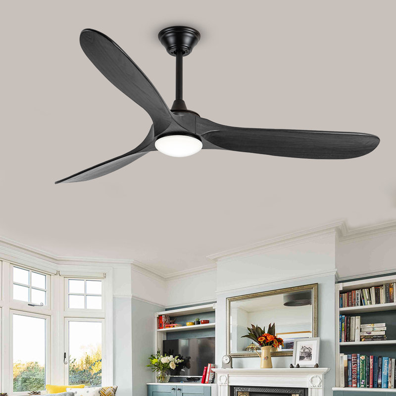 Ventilateur de plafond en bois massif avec lumière, moteur à courant continu, télécommande, 60", Noir, noir, noir, noir