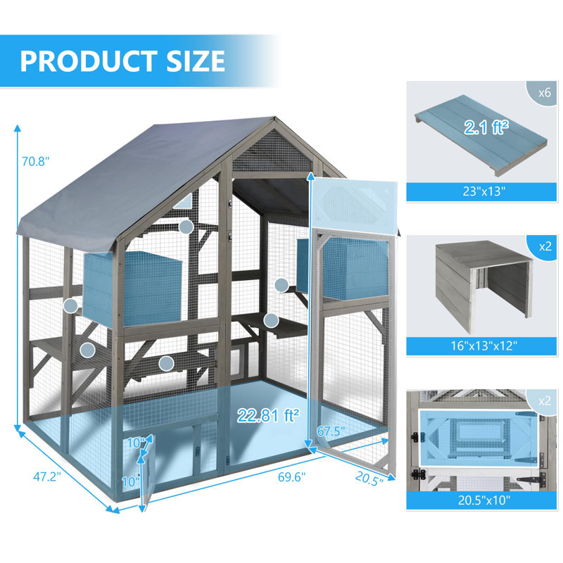 Enceinte d'extérieur de 71 po pour chats multiples H 71 po Catio, H 70,87 po x l 47,2 po x P 69,6 po