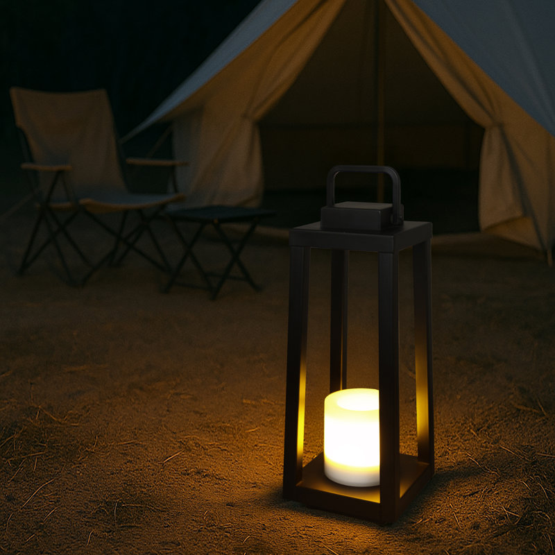 1 Light Modern Matte Black Solar Lantern With Candle Shape Outdoor Light Decorative Portable Hanging Led Lights For Patio Camping