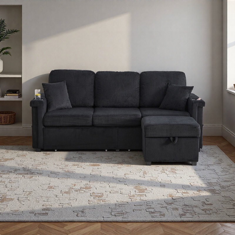 L-Shaped Sectional Sofa With Pull-Out Storage,Ottoman & Pillows 3-Seat With USB Charging,Cup Holder, Convertible Design For Living Room, Apartment, Corduroy Fabric