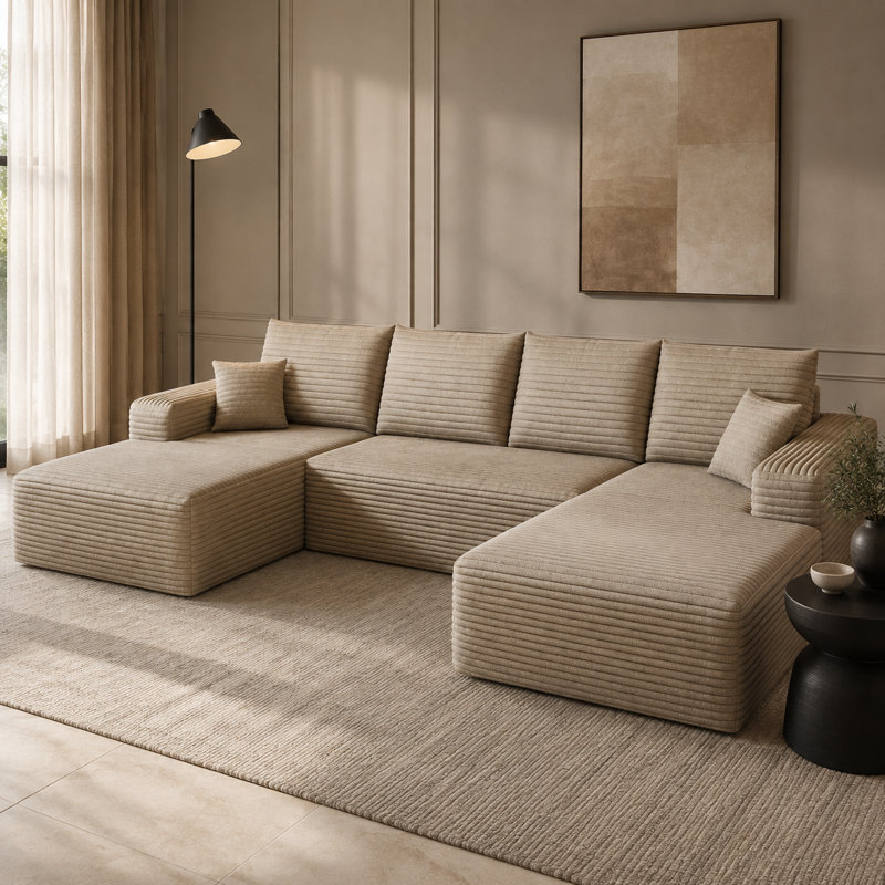 Canapé modulaire en U à 4 places en velours côtelé de 134 po de largeur avec méridienne double et sans assemblage requis
