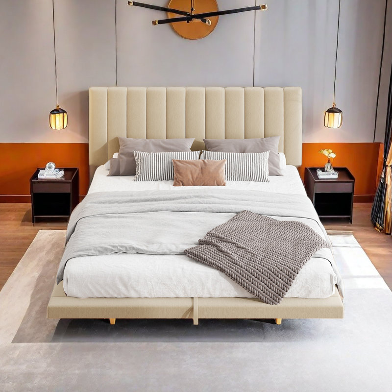 Modern Velvet Queen Upholstered Floating Bed with LED Lights and USB Port, Beige