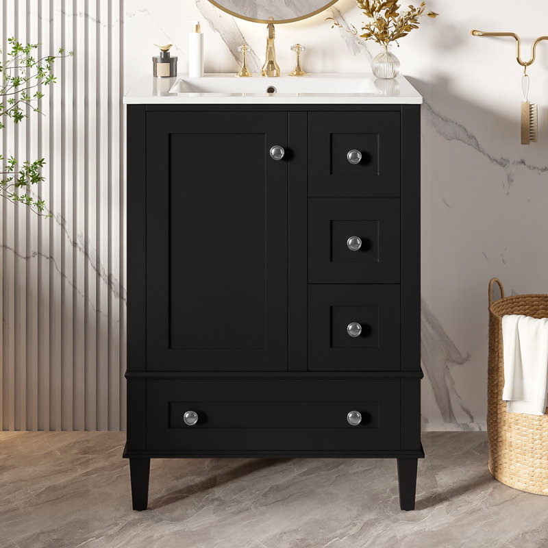 Meuble-lavabo simple avec lavabo en céramique intégré, Noir