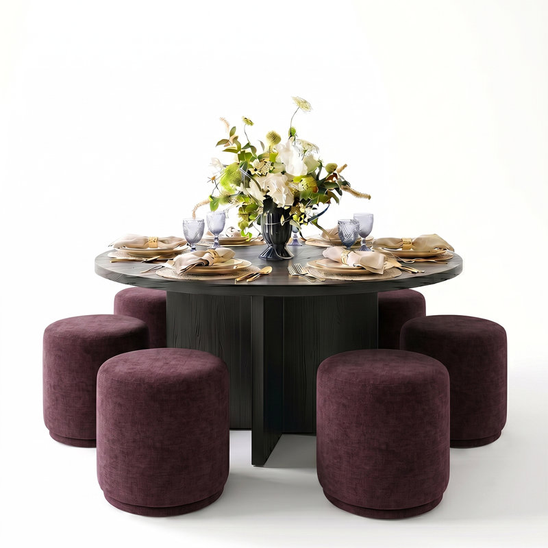  Ensemble de salle à manger rond avec 6 tabourets rembourrés, Noir, Red