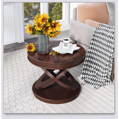 Table de bout ronde en bois rétro avec base en forme de X pour un décor moderne et rétro, parfait pour les salons et les bureaux.