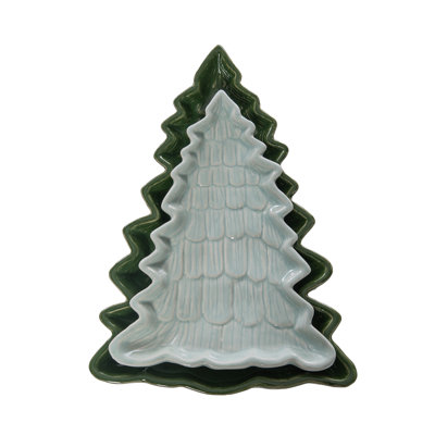 Dolomite Tree Nesting Plates Set of 2, Green, Ceramic, Table, Kitchen, Christmas, Tabletop