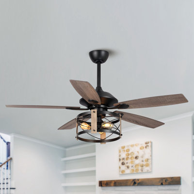 Limones 52'' Industrial Farmhouse Ceiling Fan with Cage Light Kit 5 Wood Blades Remote Control