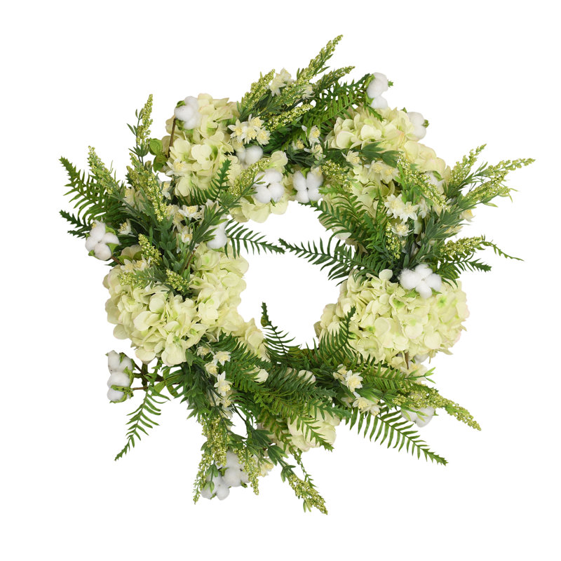 30" Grapevine Wreath With Hydrangea, Fern And Cotton Garland