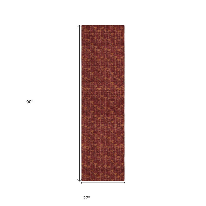 8' Runner Burgundy Geometric Washable Non Skid Indoor Outdoor Runner Rug