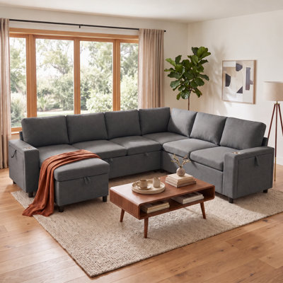 Canapé-lit modulaire en U convertible avec rangement, ports de chargement USB, porte-gobelets et revêtement en chenille, canapé-lit à 7 places