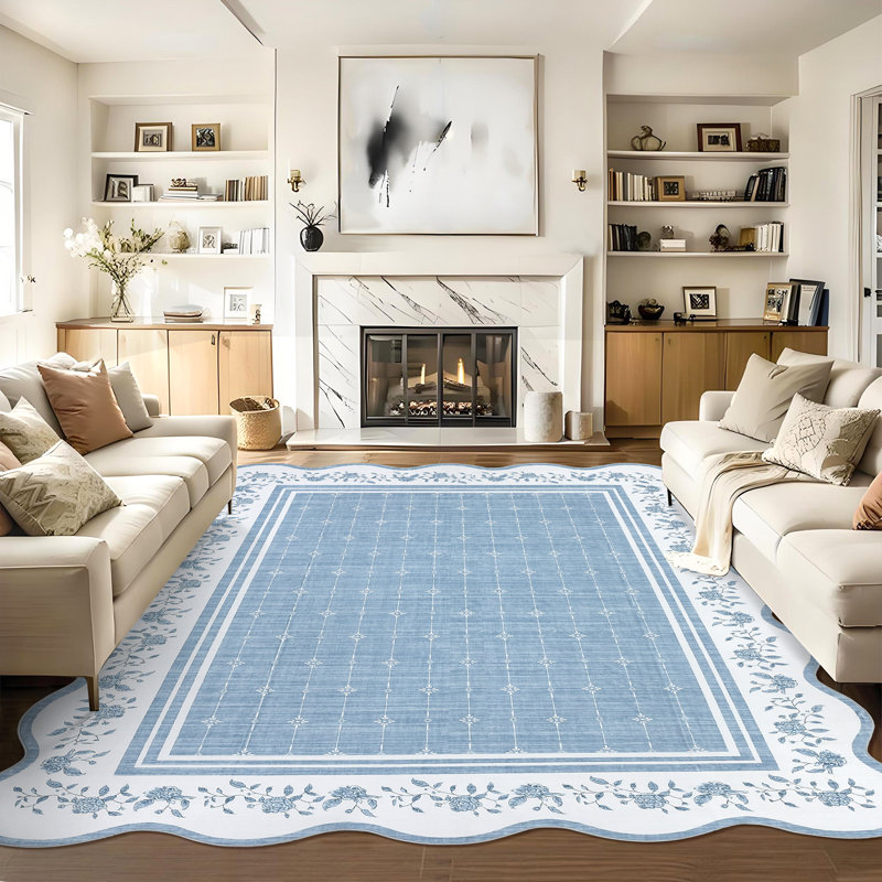 Scalloped Area Rug Large Washable Rugs for Living Room Bedroom Soft Dining Table Carpet Non Shedding Modern Bordered Indoor Carpet for Nursery Playroom Home Decor