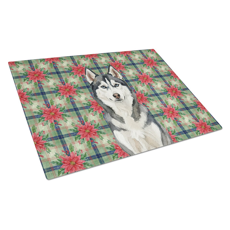 Planche à découper en verre Siberian Husky Christmas PoinsettIas, Gris / Blanc