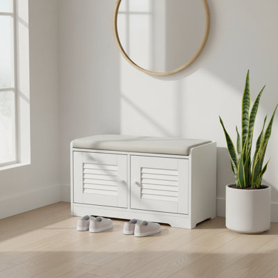 Banc de rangement à chaussures blanc 28,74 po avec coussin, armoire à 2 portes avec tablettes réglables, banc à chaussures pour couloir ou vestibule