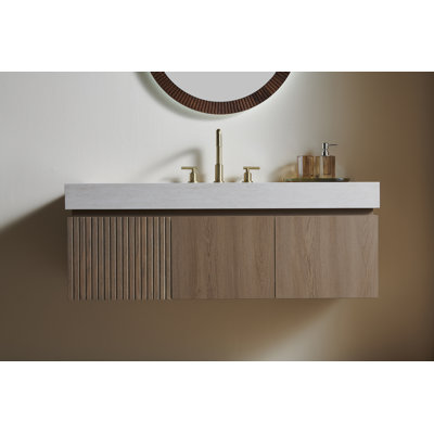 Meuble-lavabo de salle de bain 48 po Muri, meuble de rangement flottant en contreplaqué avec tiroir et portes, comptoir en pierre frittée Roma Travertine et lavabo en céramique avec 3 trous de robinet pré-percés, pré-assemblé, grain de bois Heidelberg