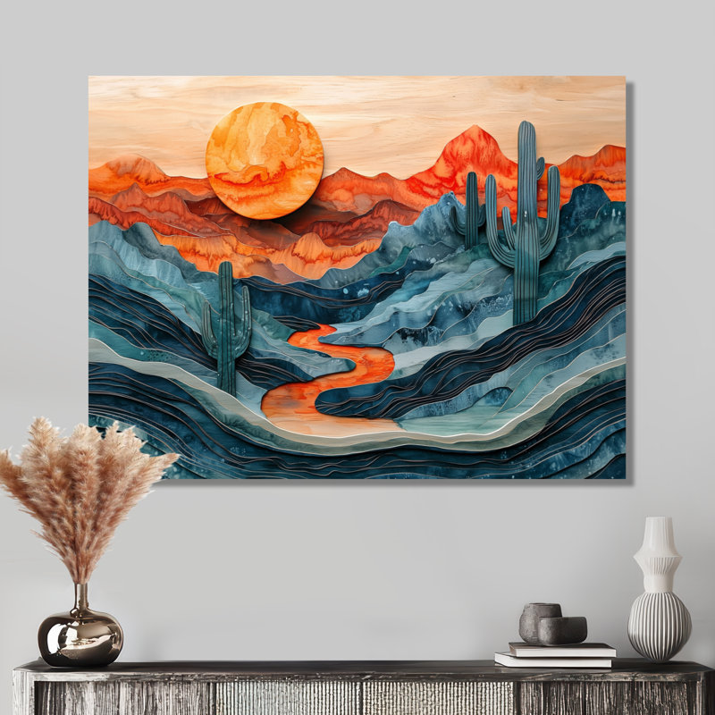 Giovana cactus désert sur un plateau en bois diapositive IV - désert, art mural, H 30 po x l 40 po, Toile tendue