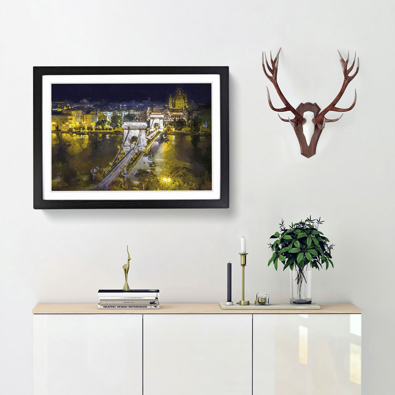 Chain Bridge in Budapest Hungary in Abstract - Picture Frame Graphic Art Print, 27cm H x 36cm W x 2cm D, Black Framed