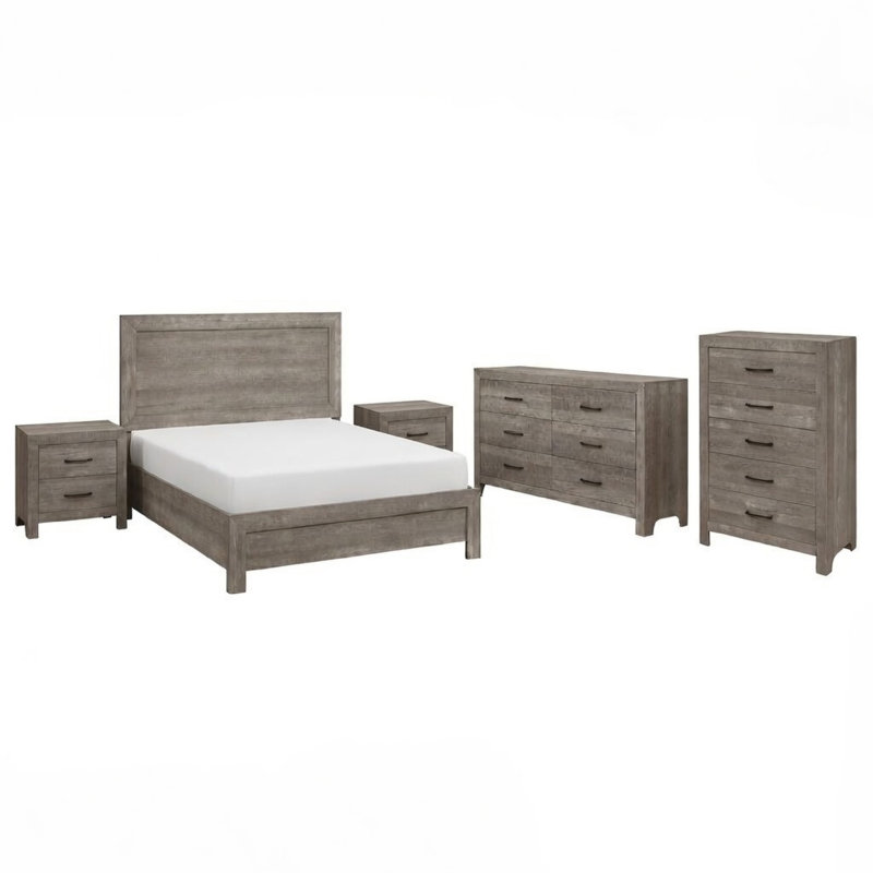 Ensemble de chambre pour grand lit, finition grise, tête de lit à panneau, ensemble de 5 pièces avec lit, 2 tables de chevet, commode et commode