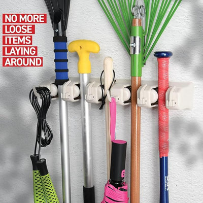 Ensemble de 2 porte-serpillières et porte-balais - Organisateur de rangement de garage avec 5 fentes, 6 crochets, capacité de 7,5 lb par fente - Organisation pour la maison, la cuisine, le placard et la salle de lavage
