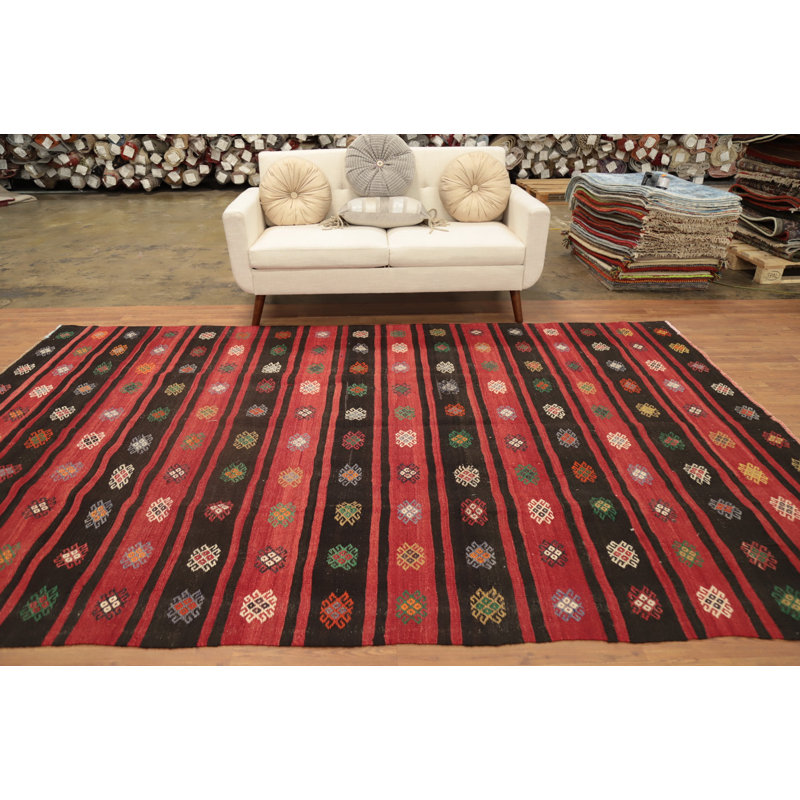 Vibrant Striped Kilim Area Rug 7x11 with Intricate Geometric Designs
